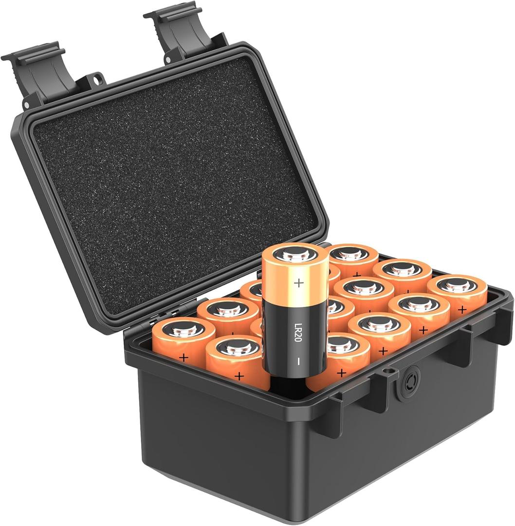 KIWIFOTOS D Cell Battery Organizer Case IP67 Waterproof 15 Slots D Cell LR20 Alkaline Batteries Storage Holder for Household Outdoor Camping Office Shockproof
