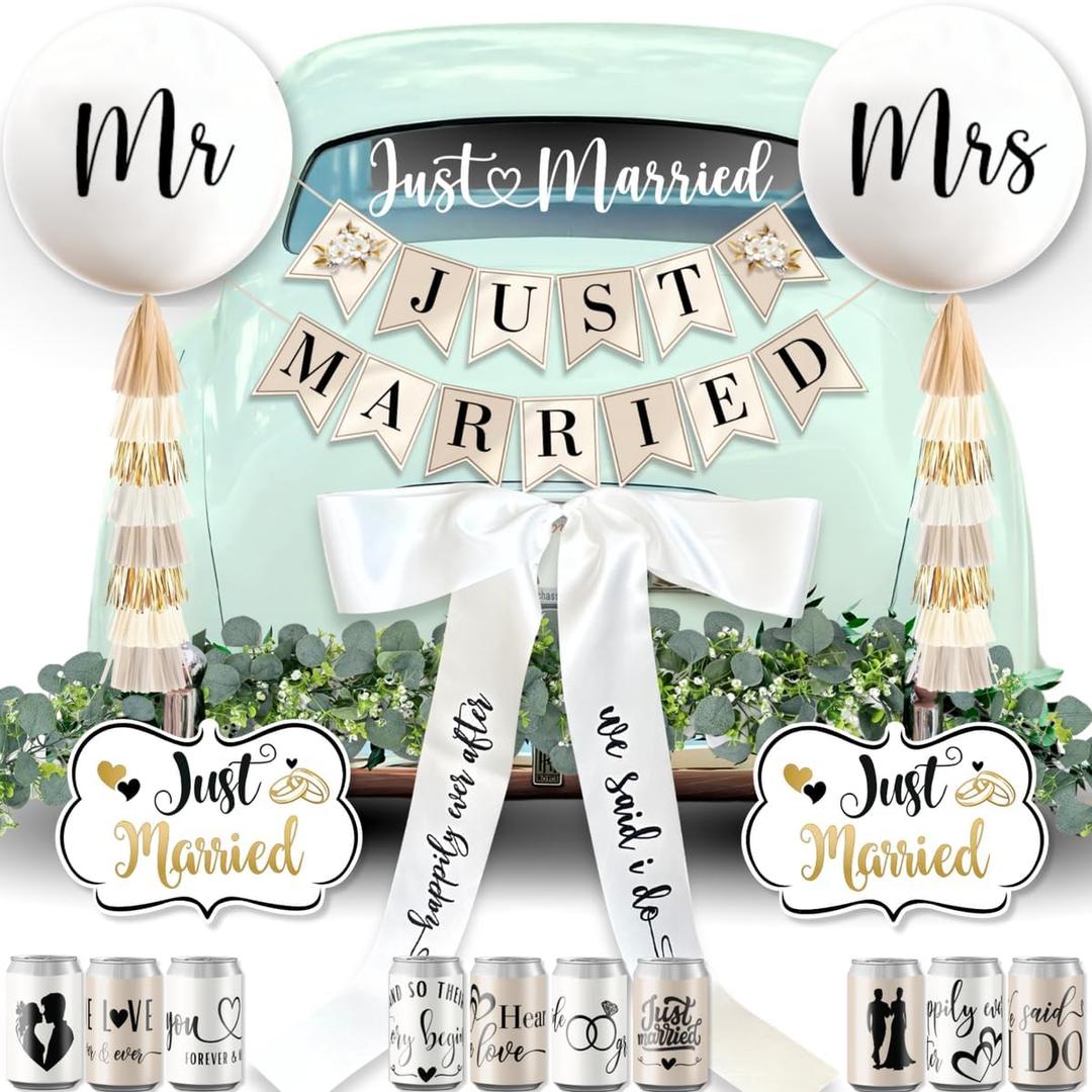 33 Pc Just Married Car Decorations Wedding Reception & Ceremony Decor Banners, Stickers & Balloons Elegant Reusable Wedding Car Kit Weather-Resistant & Easy to Apply No Residue