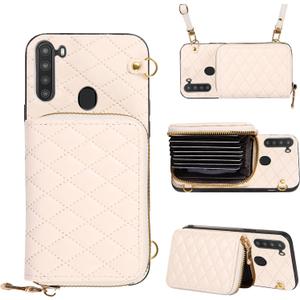 Compatible With Samsung Galaxy A21 Zipper Wallet Case with Crossbody Shoulder Strap, 8 Card Slots and TPU Leather Stand Full Body Accessories Cell Phone Cover for 21A 2020 Women Girls White