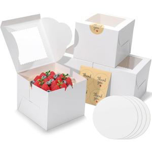 EQOREIIN 4pcs 6 Inch Cake Boxes with Sticks and Boards for Cookies, Small Cakes, Mini Desserts, Bento, and Bakery, Cupcake Box for Birthday, Party, Wedding, Mother's Day, Christmas6x6x5 inch