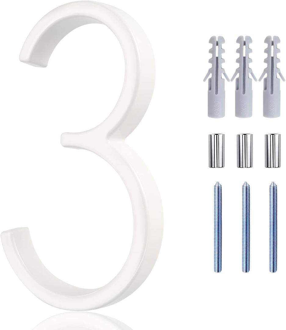 White Floating House Numbers - 5 Inch Modern Metal House Numbers for Outside, Creats Attractive Interesting Shadows, High Gloss Number 3