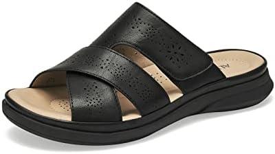 ALLOT Women's Slide Sandals Slip On Open Toe Dressy Summer Flat Sandals Arch Support Adjustable Straps Comfortable Beach Walking Shoes(Black PU, 9)