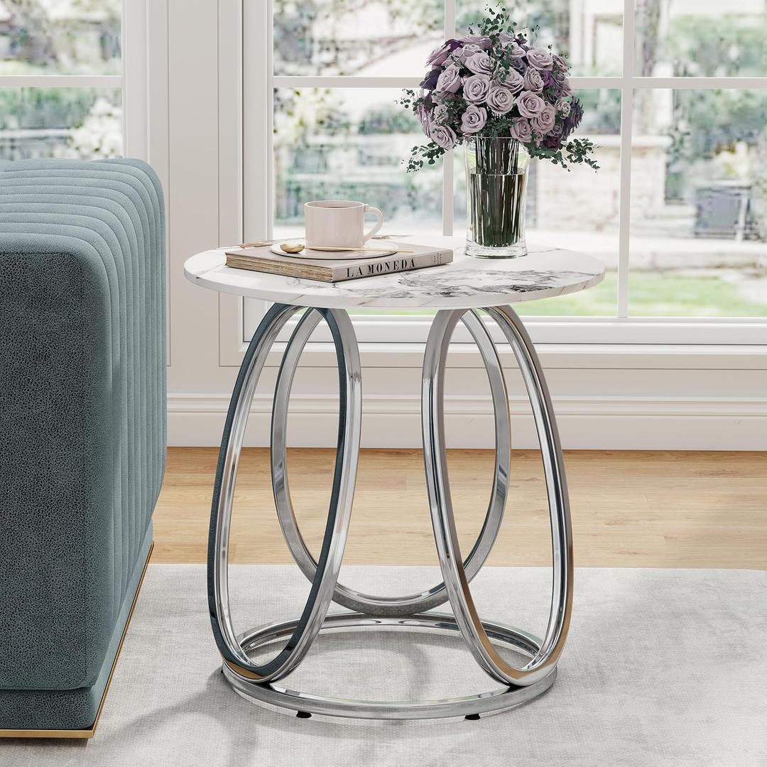 O&K FURNITURE Silver Side Table Living Room, Round End Table with Metal Frame, Modern Nightstand for Small Spaces, Bedroom, Home Office, 1PC (Marble-Silver)