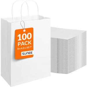 SUNEE Gift Bags with Handles 8x4.3x10.7, 100 Pcs Paper Bags Medium Size Bulk for Gift Wrapping, Retail, Party Favors and Small Business - White