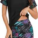 Bonneuitbebe Women's 2 Piece Rash Guard Short Sleeve UPF 50+ Swim Shirt Built in Bra Bathing Suit with Boyshorts Bottoms (Medium, Black 1)