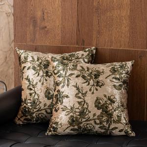 Velvet Floral Print Throw Pillow Covers Set of 2, Superior Soft Decorative Pillow Cases with Luxurious Silky Textured Vintage Cushion Covers for Home Decor Couch Sofa Bed (Champagne, 18x18)