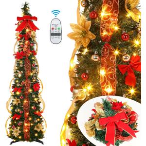 Alupssuc 6.5ft Pop Up Prelit Pencil Artificial Christmas Tree with Remote Control, Pre-Decorated Red&Gold Decorations, Pre-Lit White & Multi-Color Lights, Perfect Choice for Xmas Decoration, 6.5 FT