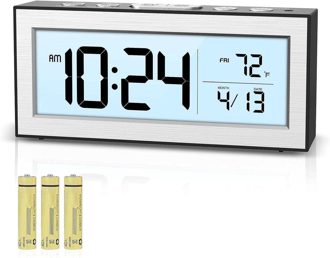 Battery Powered Alarm Clocks, Travel Alarm Clock with LCD Display, 12/24H, 5-Min Snooze, Bedside Clock with Auto Dimming Function and Working Mode, Suitable for Bedroom, Office, Travel (White)