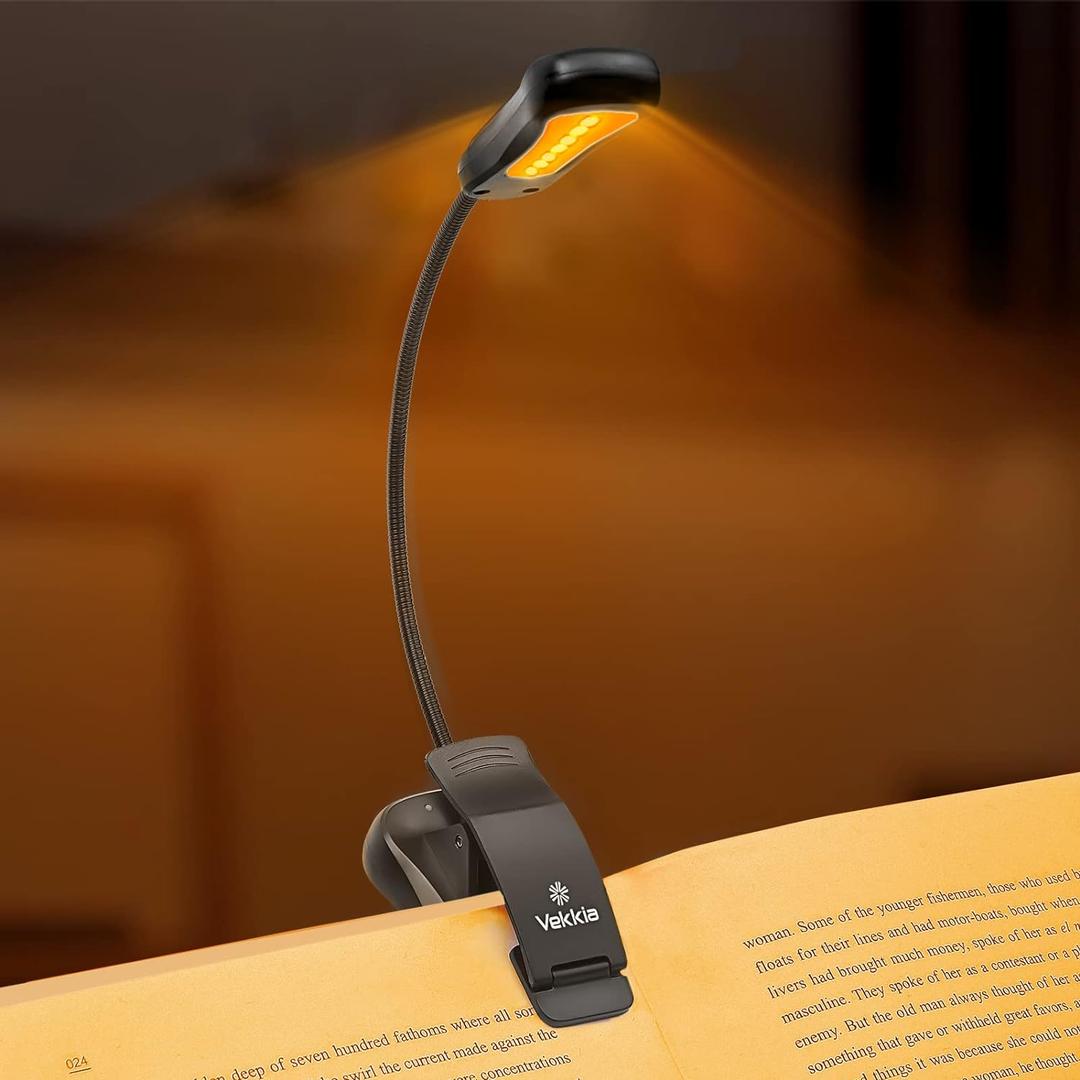 Vekkia Amber Rechargeable 7 - Led Eye - Care Book Light with Blue - Light Blocking, 3 Levels, 1600K for Eye - Friendly Use. Offers Up to 70 Hours of Reading (Black)