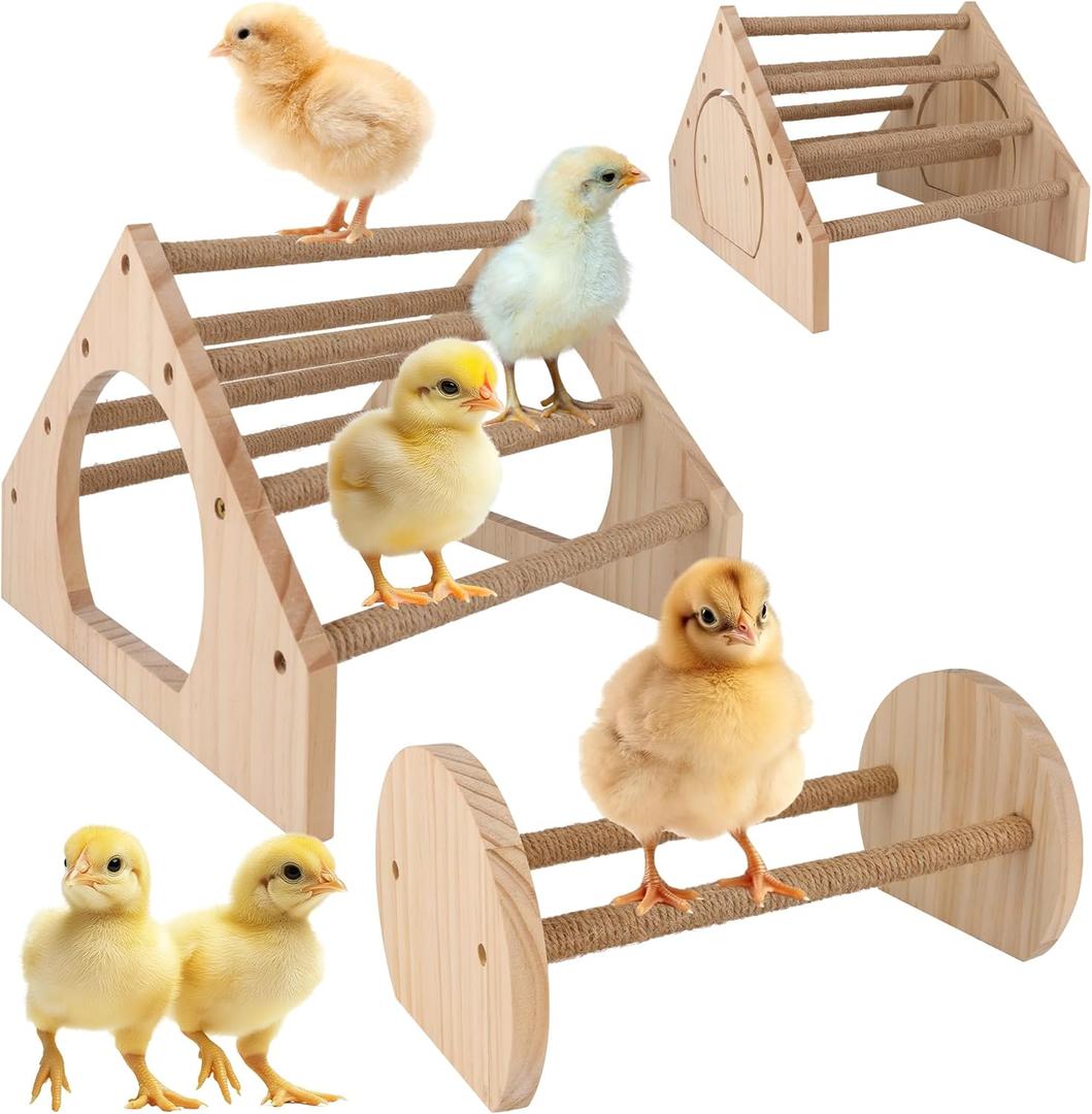 2Pack Wood Chick Perch Stand with Rope, Larbeti Chick Roosting Bar for Brooder with Holes Coop Chicken Jungle Gym Wooden Chicken Training Perch Stand Toy for Poultry, Bird, Parrot, Pigeon