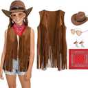 Cowgirl Costume for Kids Cow Girls Western Outfits with Hat Accessories Halloween Party Cosplay Dress Up (Small, 5pcs)