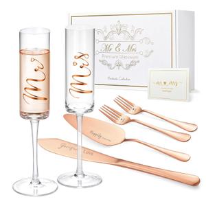 ROXBURGH Wedding Cake Knife and Server Set, Bride and Groom Mr and Mrs Champagne Flutes & Forks with Giftable Box, Cake Cutting Set for Wedding Engagement Bridal Shower Gifts