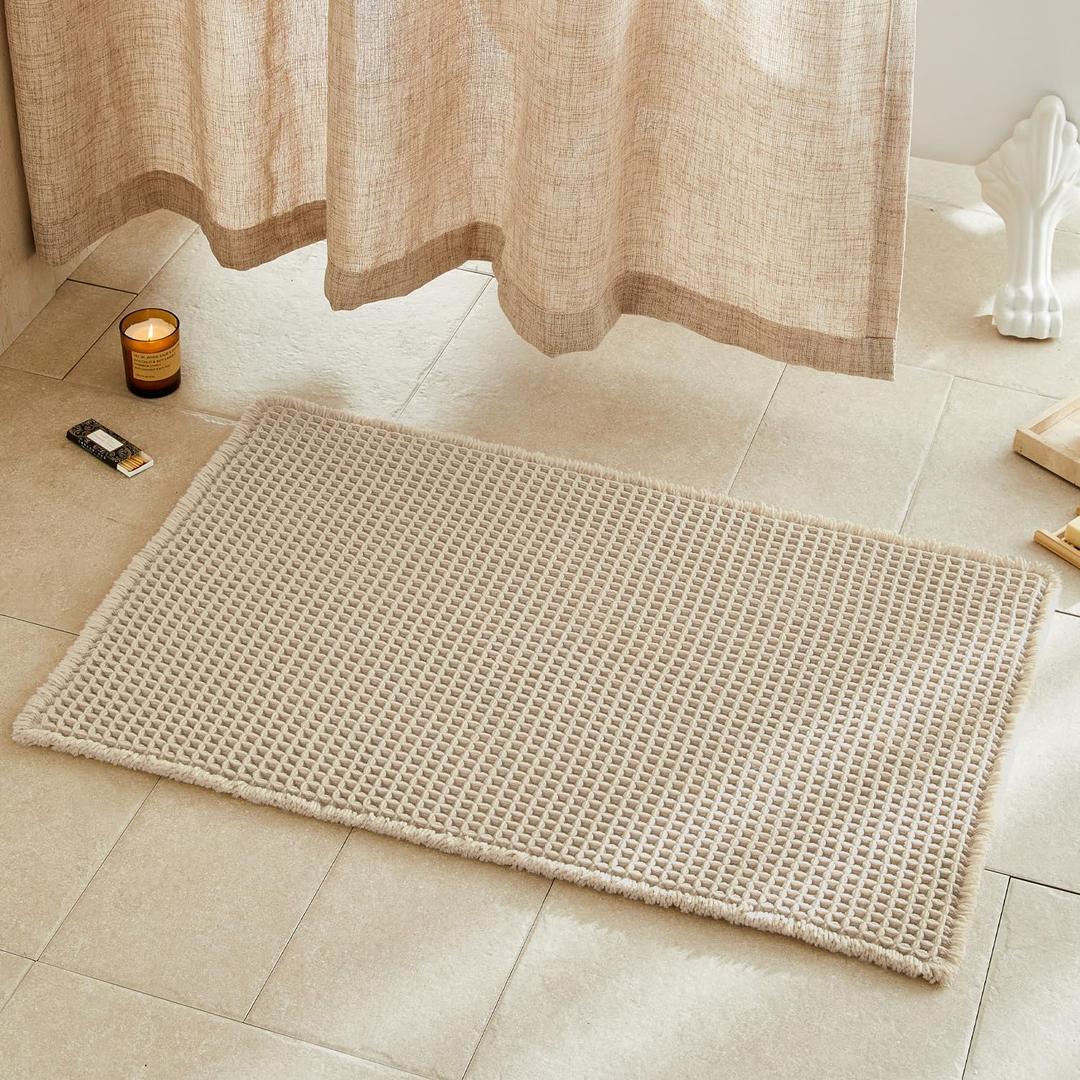 TYUU Pale Beige Bathroom Rug, Waffle Bath Mat Non Slip Washable Super Absorbent Quick Dry Boho Farmhouse Bathroom Decor, 36''x24'' Pale Beige