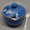 Hand-painted Flower Ceramic Seasoning Jar Condiment Pot Sugar Bowl with Lid and Spoon-Blue
