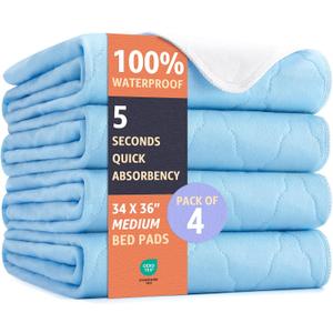 Ultimate Washable Underpads - Heavy Absorbency, Waterproof Reusable Incontinence Pads for Adults, Kids, Elderly & Pets - Bedwetting Pads for Bed, Couch, Sofa, Floor (Blue, 34 x 36 Inches, Pack of 4)