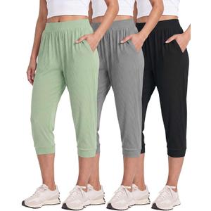 Real Essentials 3 Pack: Women's Ribbed Capri Jogger Lounge Sweatpants with Pockets Yoga Workout (Available in Plus Size) (L)