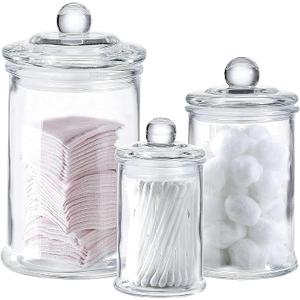 Whole Housewares - Set of 3 Bathroom Canisters - Storage Container Jars - Premium Glass Apothecary Jars with Lids - Small Glass Jar for Kitchen or Bathroom Storage - Decorative Crystal Containers
