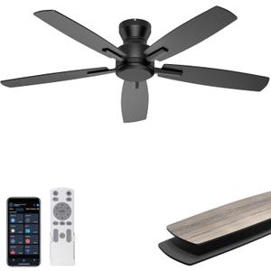 Ohniyou 52 Inch Ceiling Fan No Light, Low Profile Ceiling Fan with Remote and App Control, Flush Mount Ceiling Fan without Light for Bedroom Living Room Covered Patios, Quiet DC Motor, Black