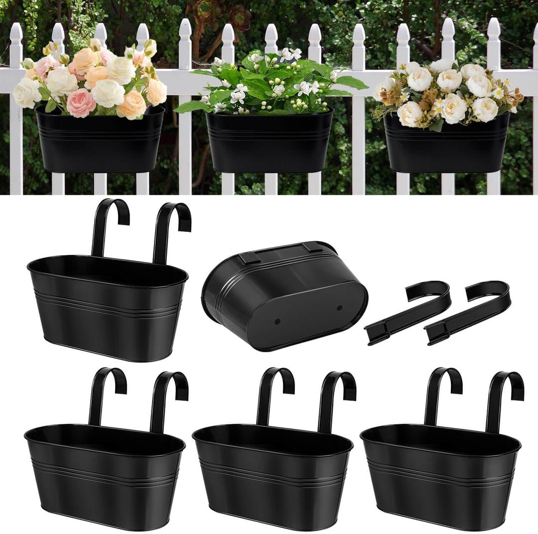 Metal Railing Planters for Outdoor Plants - 5 Pcs Balcony Hanging Flower Pots with Detachable Hooks & Drain Holes, Windowsill Oval Hanging Bucket Pots Fence Planters for Garden Home Decor, Black