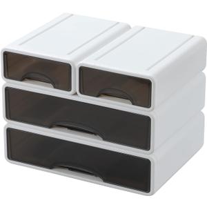 White Desktop Drawers for Paper, Stackable Office Storage Drawers for Desk, Craft Organizer and Storage Bins, 4 Mixed Storage Container with Plastic Drawers for Office Supplies Desk accessories