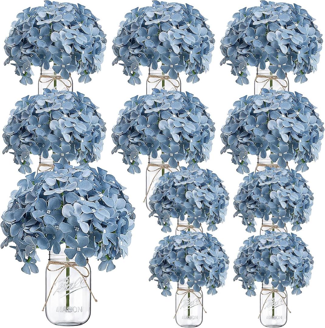 Hydrangea Flower in Mason Jars, 10 Set Flower Table Centerpieces Bulk Glass Flowers Vases Decor for Home Party Wedding Bridal Shower Graduation Boho Decorative (Dusty Blue)