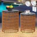 HMVPL Outdoor Side End Table with Dimmable Light Remote Control,2-Pack Small Round Patio Table with Timing Light,Outside Plastic Rattan Accent Bistro Desk for Poolside Backyard Balcony Gazebo Indoor
