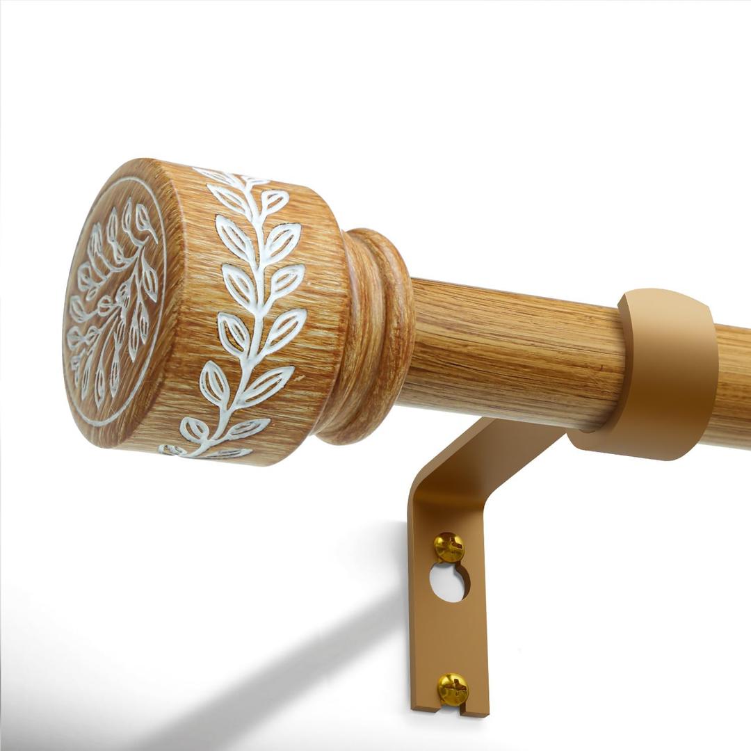 Imitation Natural Wood Grain Curtain Rods for Windows 28 to 48 inch 1" Modern Adjustable Heavy Duty Curtain Rod Boho Decorative Drapery Rods Set for Living Room Bedroom Rustic Outdoor