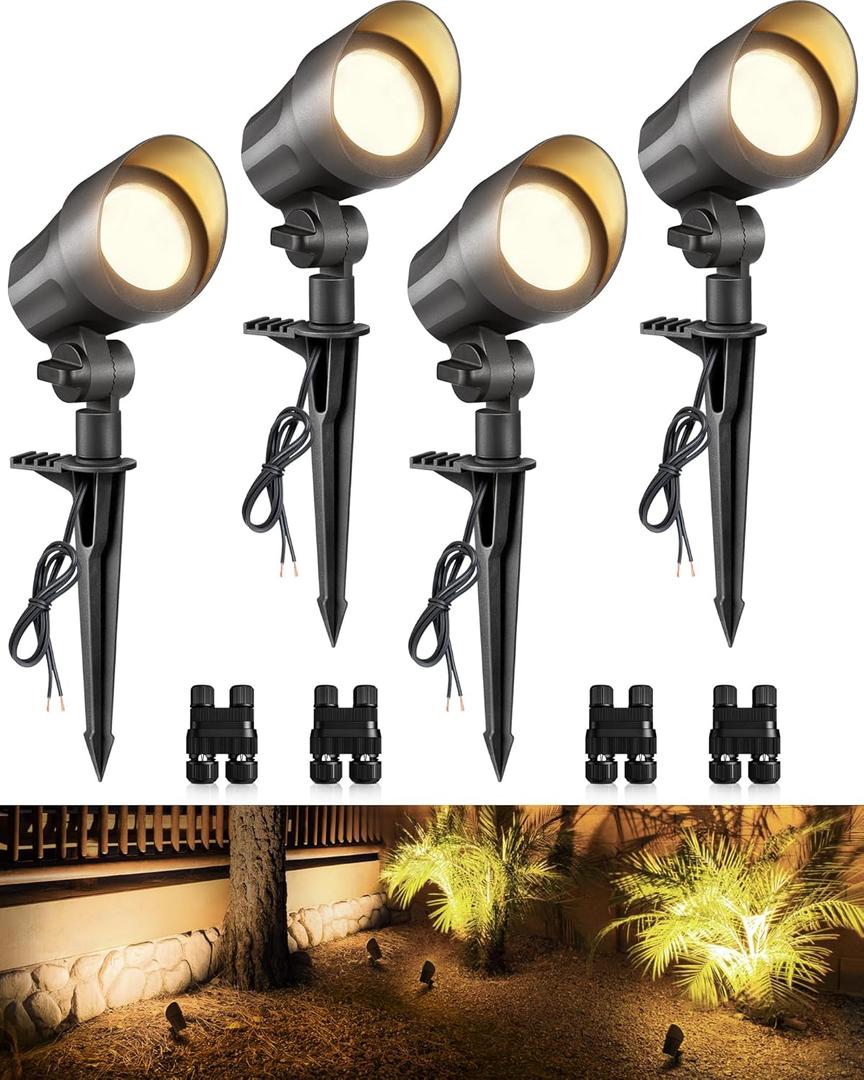 SUNVIE 6W Low Voltage Landscape Lighting LED Landscaping Lights Warm White Low Voltage Lighting Waterproof Landscape Spotlights with Connectors Spot Lights Outdoor for Tree Wall Pathway Yard, 4 Pack