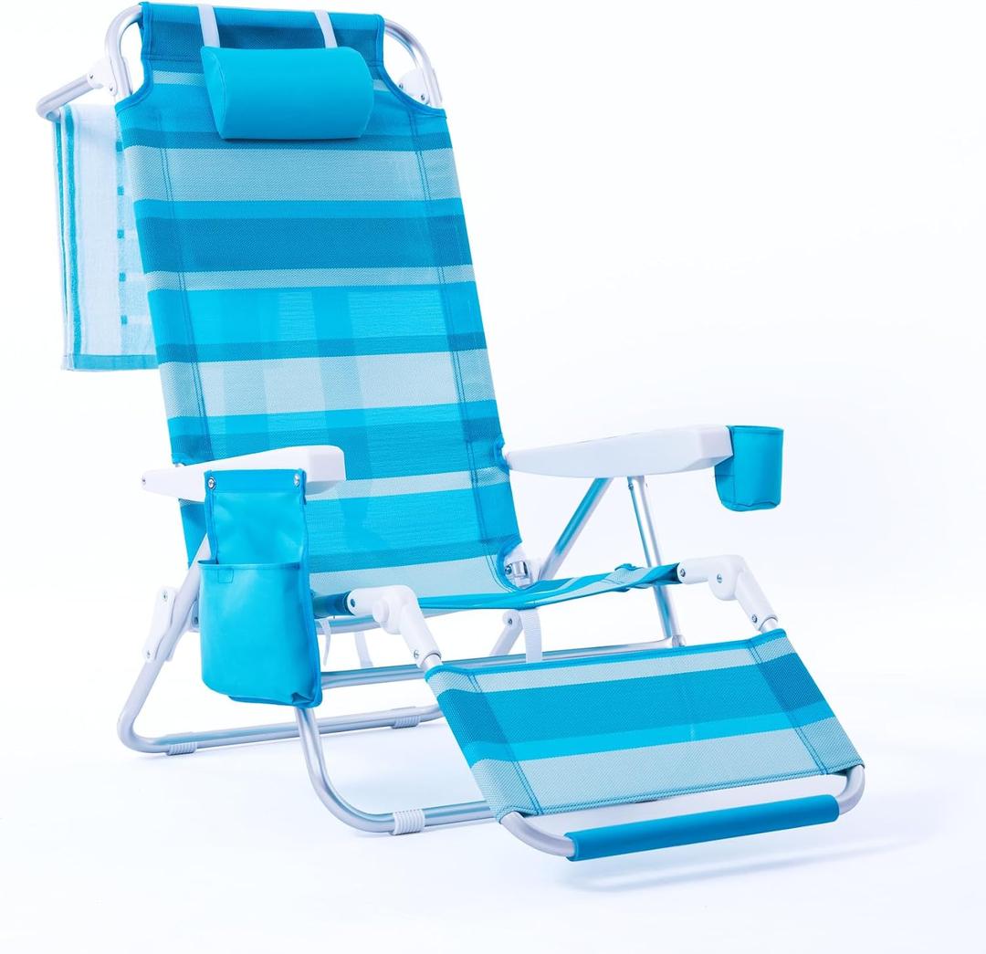 Beach Chair with Footrest High Back 5 Positions Reclining Beach Lounge Chair with Backpack Straps, Cooler Bag & Cup Holder for Outdoor Camping Poolside