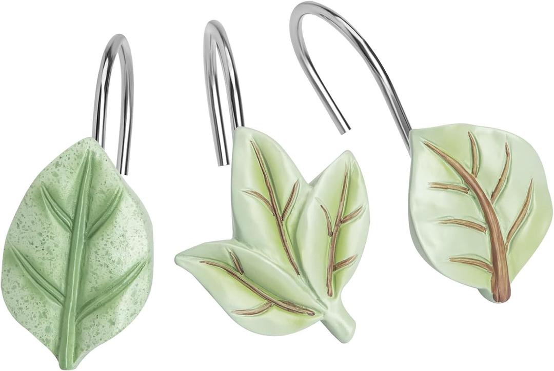 Gibelle 12PCS Leaves Shower Curtain Hooks, Green Plant Leaf Decorative Shower Curtain Hooks Metal Rustproof Cute Eucalyptus Shower Curtain Rings Bathroom Decoration Accessories