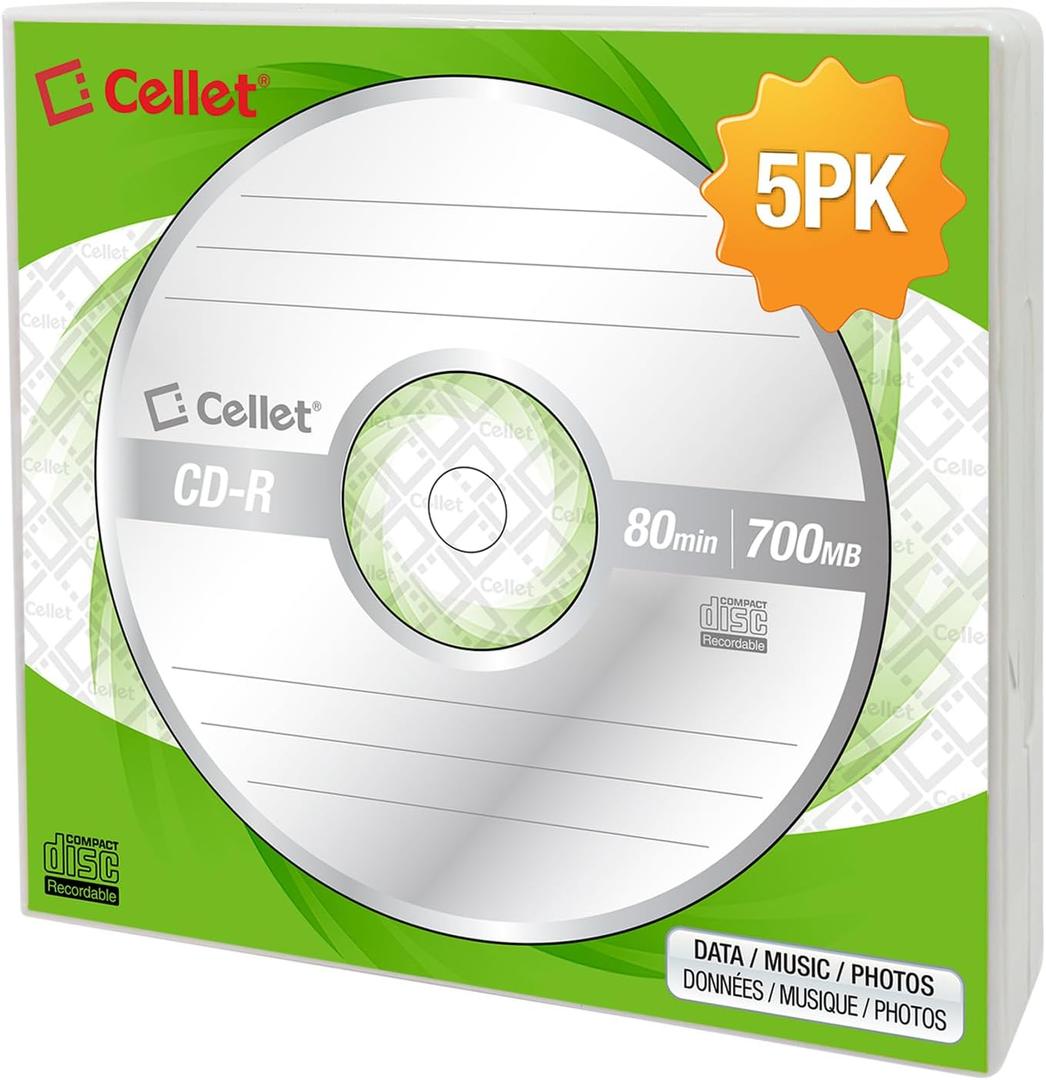 Cellet 5-Pack 700MB 80 Min for Data, Music, Photos