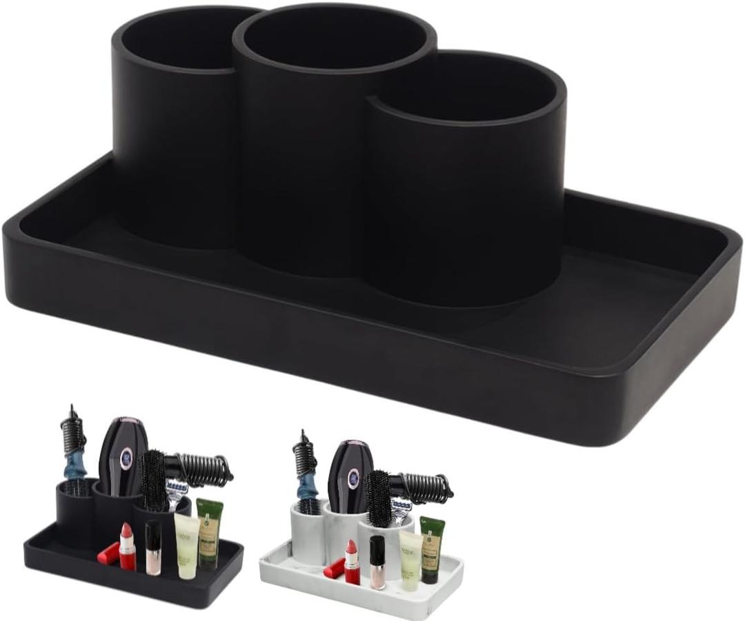 Resin Toothbrush Holder Tray for Bathroom Counter,Multi-functional 2-in-1 Integrated Design Storage Tray with 3 Brushes Holders for Vanity,Sink,Dressing Table Organization-Matte Black