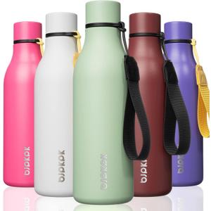 BJPKPK Insulated Water Bottles, 18 oz Stainless Steel Metal Water Bottle with Strap, BPA Free Leak Proof Jugs, Mugs, Flasks, Reusable Thermal Flasks for Sports & Travel, Macaron Green