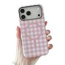 CHATTOB Compatible with iPhone 17 Pro Case, Cute Retro Gingham Plaid Phone Case for Women, Shockproof Soft TPU and Hard PC Back Protective Cover, Matte Pink