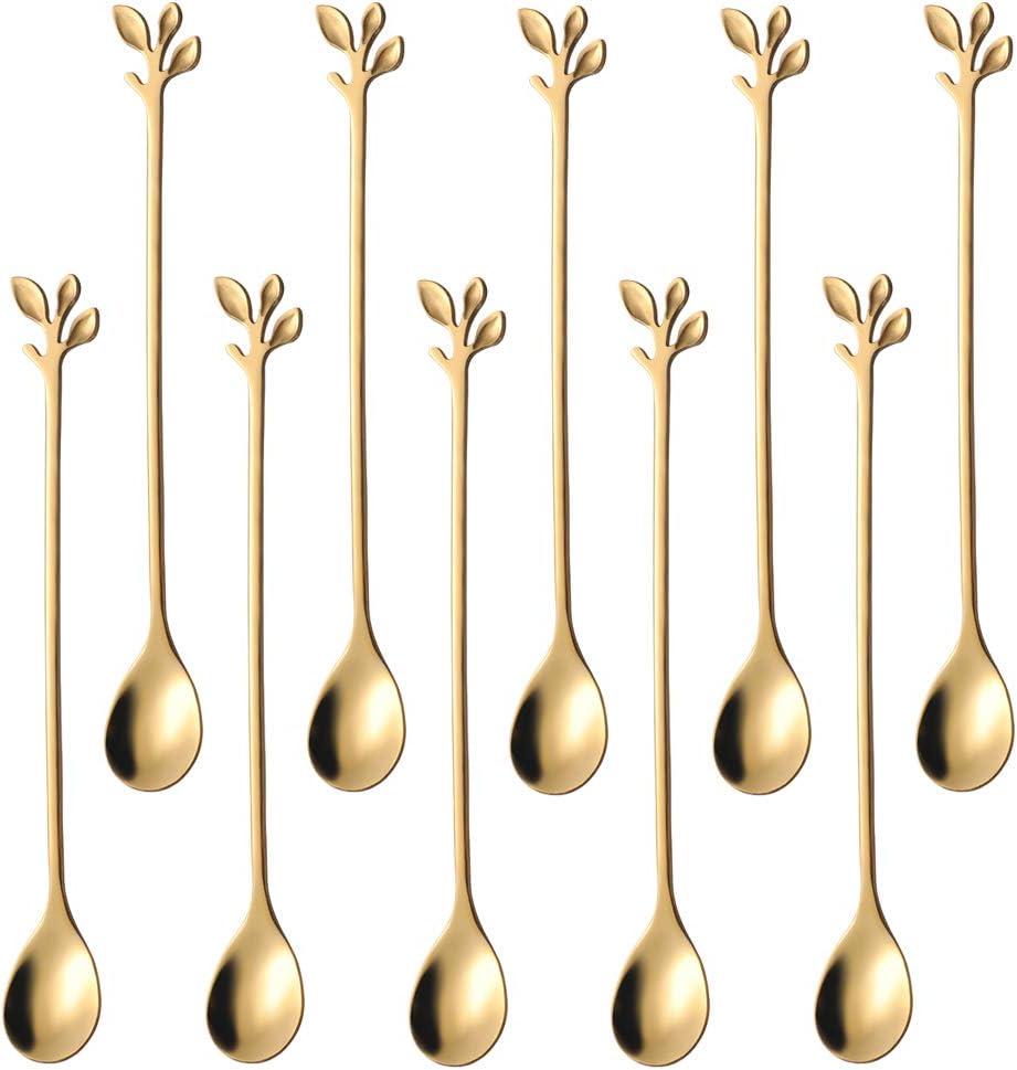 AnSaw 10-Piece 7.4" Long Handle Teaspoons - Gold Leaf Design for Coffee & Tea Stirring Spoons, Elegant Stainless Steel Stir Spoons