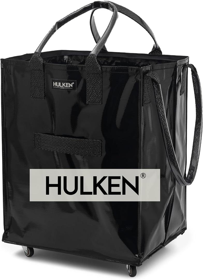 HULKEN - Large Black, Reusable Grocery Bag On Wheels, Holds 66 lb Smart Fold, Elastic Closure, Fits 5 Grocery Bags, Unbreakable Handles, Lightweight.The OG Rolling Tote, Black
