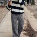 Women's Comfy Pajama Loose Casual Drawstring Lounge Pants - Striped Print Stretch Wide Leg (Black, M)