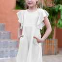 GORLYA Girl's Flutter Sleeve Stretchy A-Line Swing Flared Skater Party Dress with Pockets for 4-12 Years Kids (White)