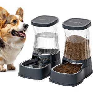 Gardner Pet Automatic Dog Water Dispenser Gravity Stainless Steel Waterer & Food Feeder Set, 100% BPA Free Large Capacity Feeding Bowls for Medium & Large-Sized Dogs Cats Other Pets -(1 Gallon x2) (Dark Grey-Sets)