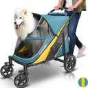 Petbobi Dog Stroller for Large & Medium Dogs - Easy Fold Dual Entry Pet Stroller with One-Foot Brake, All Terrain Wagon Cart with Air Mesh, Ideal for Large Senior Pets up to 80 lbs, Green