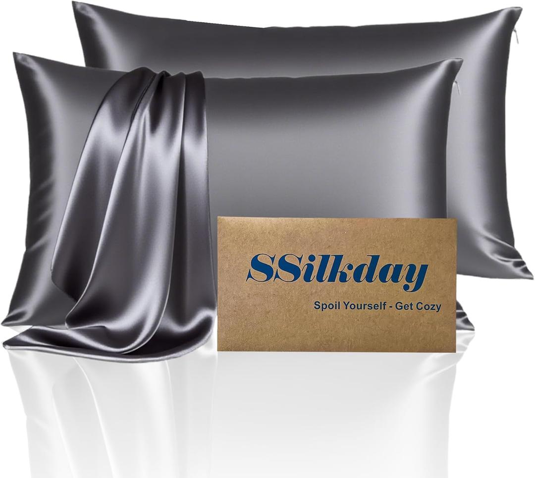 2 x Mulberry Silk Pillow Cases with Zipper, Ultra Smooth Soft Breathable Cooling Pillow Cases for Hot Sleepers, Silk Satin Pillowcase for Hair and Skin, Gifts for Women (Standard - 2026 Inch) Dark Grey, 2pcs