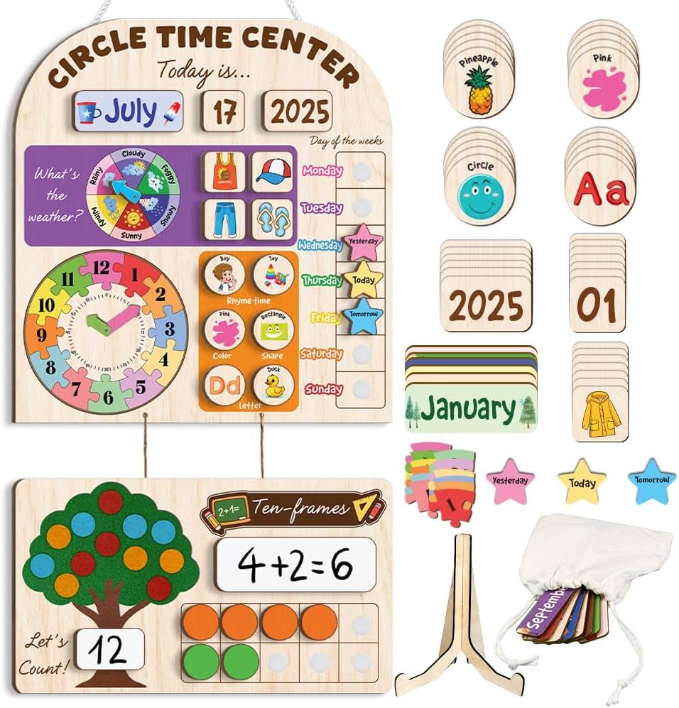 Mondily Interactive Calendar for Kids Ages 3-8, Circle Time Learning Center, Wooden Kids Calendar, Teaching Seasons, Years, Months, Days of Week, Language Skills, Preschool & Homeschool Calendars