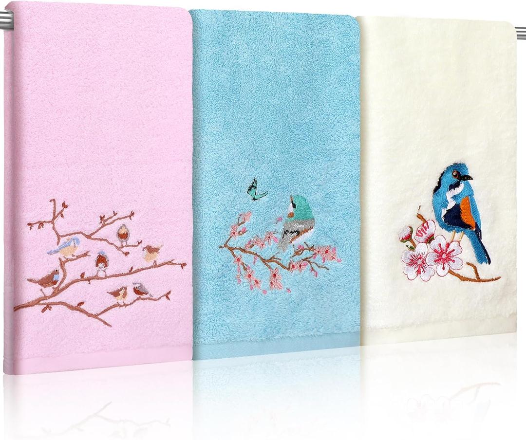 3 Pcs Bird Decorative Hand Towels for Bathroom 100% Cotton Embroidered Farmhouse Bathroom Decor 14 x 29 Inch Cherry Bluebird Blossom Hand Towel Gift for Kitchen (Pastel Color)