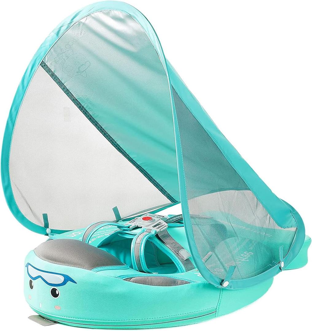 Mambobaby Float with Canopy Baby Float Non-Inflatable Baby Pool Float with Add Tail Skin-Friendly Fabric Avoid Flip Over Infant Swim Float for Boys Girls 3-24 Months, Green (Classic Edition Green)