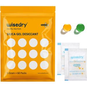 isedry 5 Gram [60 Packs] Food Grade Silica Gel Packs Rechargeable Desiccant Dehumidifiers Pouches with Color-Indicating Beads Reusable Moisture Absorbers for Food Storage