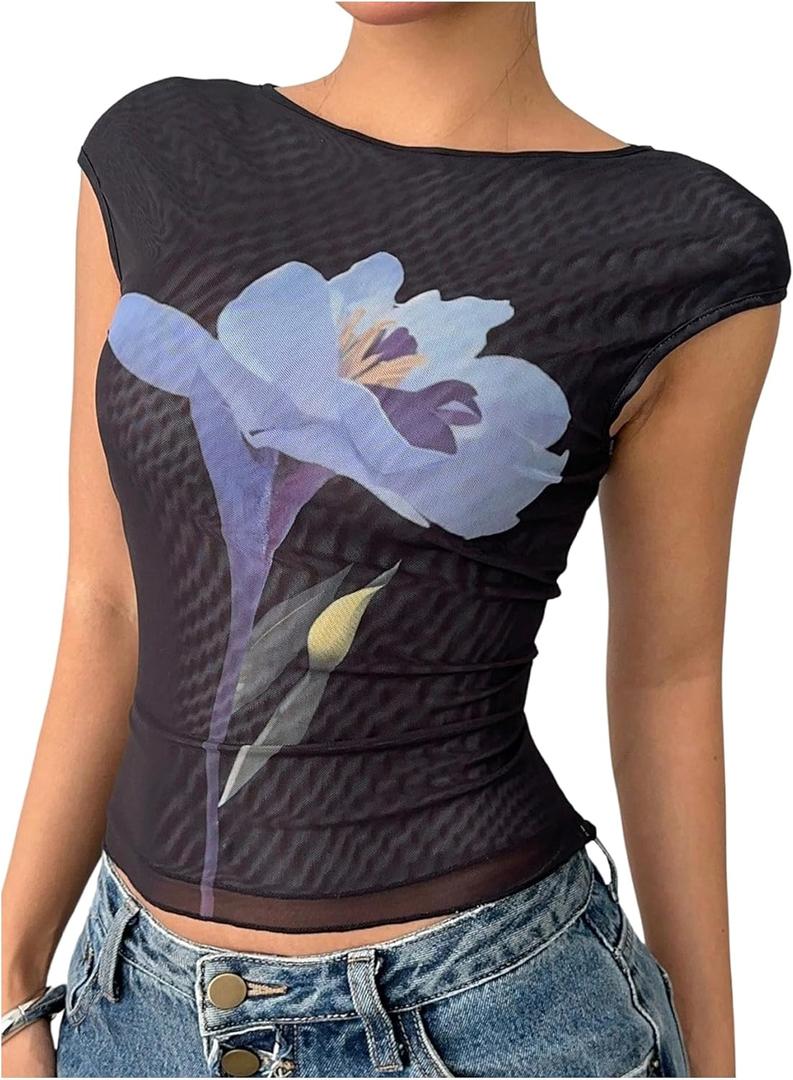 SOLY HUX Women's Y2k Floral Mesh Tops Short Sleeve Aesthetic T Shirts Music Festival Concert Outfit (Black, M)
