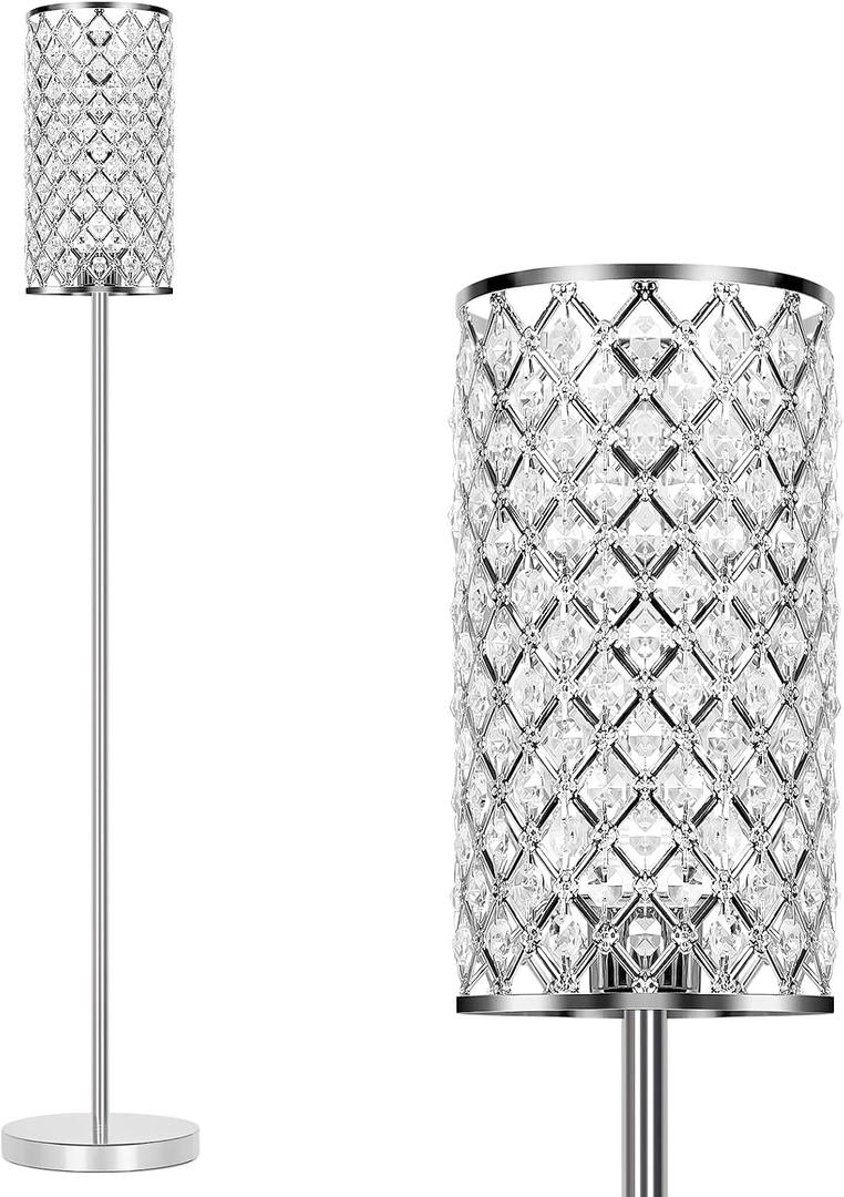 Crystal Floor Lamp, Modern Standing Lamp with Elegant Shade, LED Floor Lamp with On/Off Foot Switch, Silver Finish, Tall Pole Lamp Accent Lights for Living Room, Girl Bedroom, Dresser, Office (E26 Base)