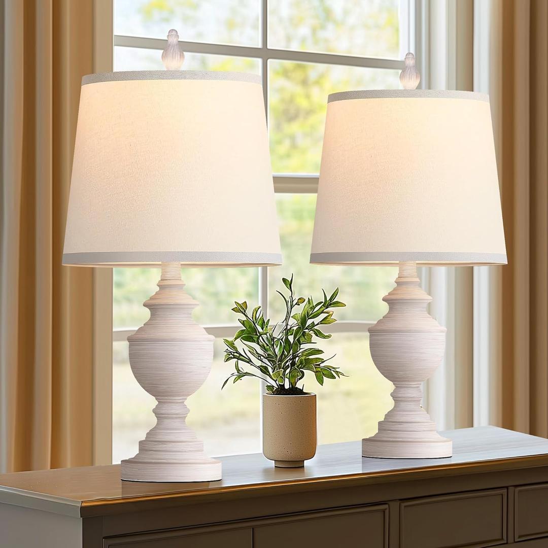 PARTPHONER Retro Table Lamps Set of 2, Bedside Lamp for Bedroom Rustic Farmhouse Table Lamps for Living Room, 22" Vintage Nightstand Lamps with White Shades, White