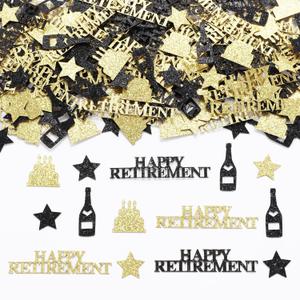 JOYMEMO 200PCS Black Gold Retirement Theme Confetti, Farewell Party Decorations, Cake Wine Bottle Star Table Scatters Party Supplies for Women Men
