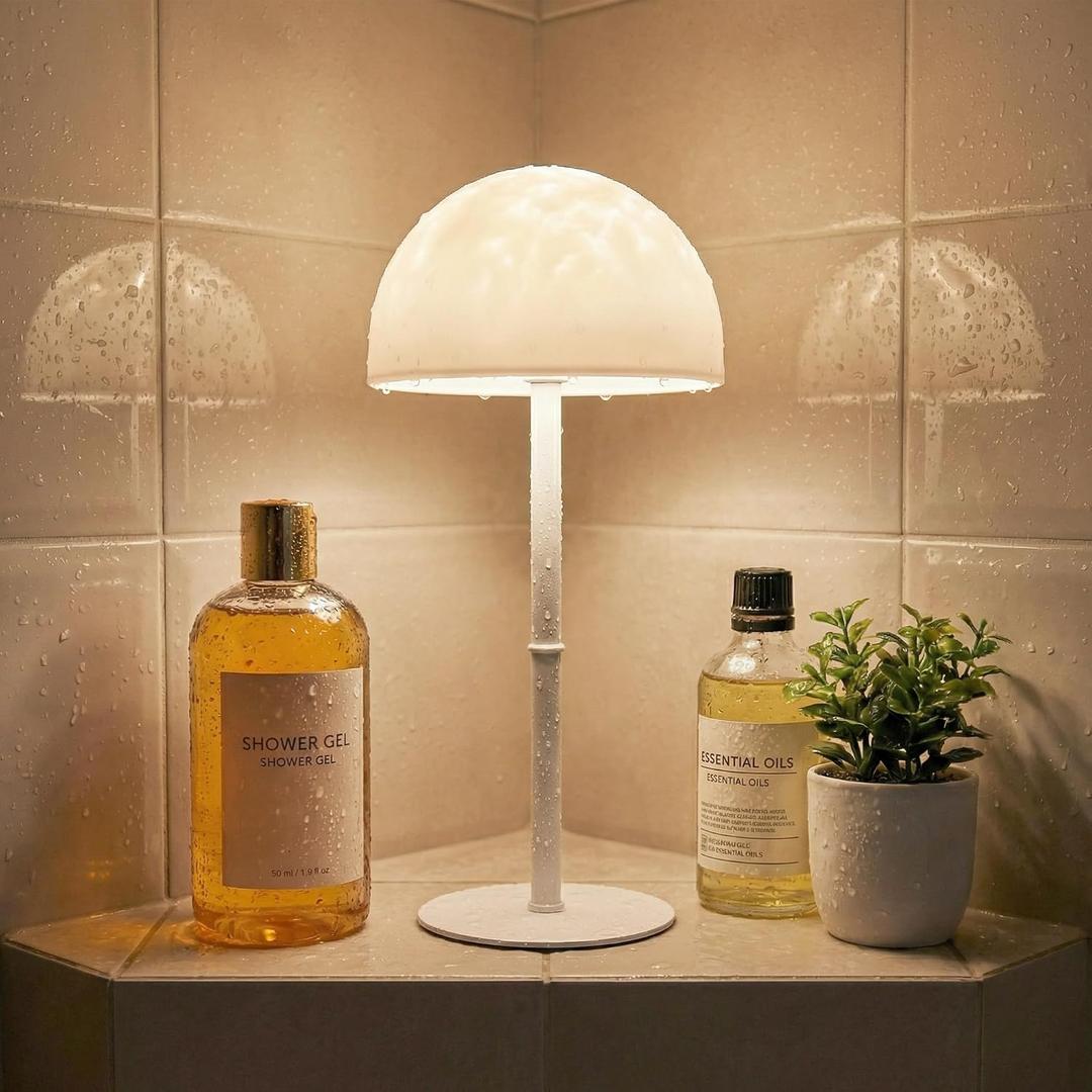Waterproof Shower Lamp, Cordless Bathroom Lamp with Remote & Touch Control, Rechargeable Shower Light with RGB Color Changeable Ocean Wave Projector, LED Table Lamp for Inside Shower, Bathtub, Bedroom